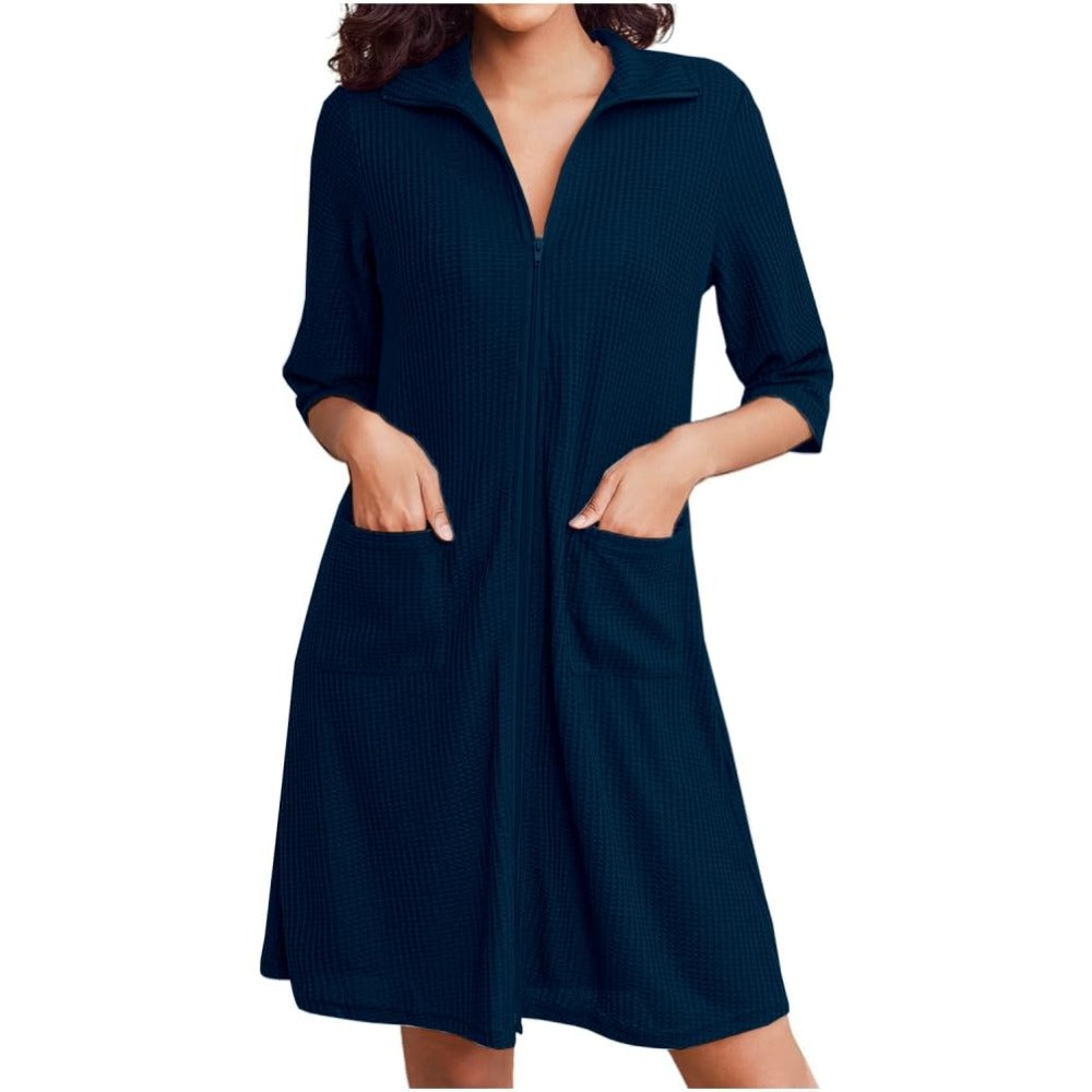 Pure Cotton Short Women's Bath Robe with Zipper Navy Blue