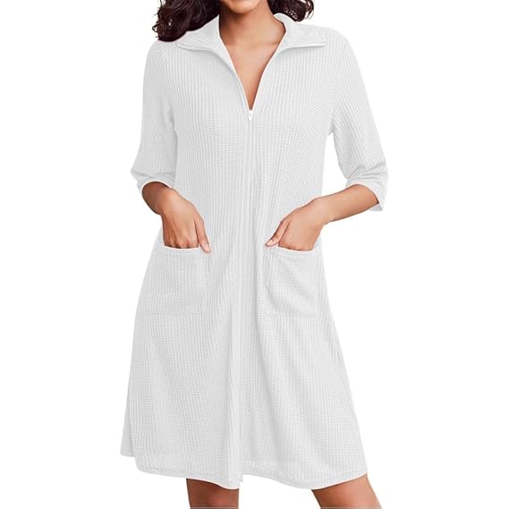 Pure Cotton Waffle Knit Zipper Bathrobes for Women - White