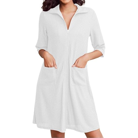 Pure Cotton Waffle Knit Zipper Bathrobes for Women - White