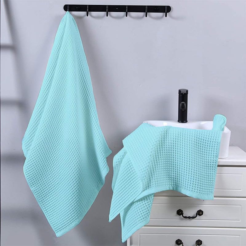 Pure Cotton Waffle Hand Towels - Aqua