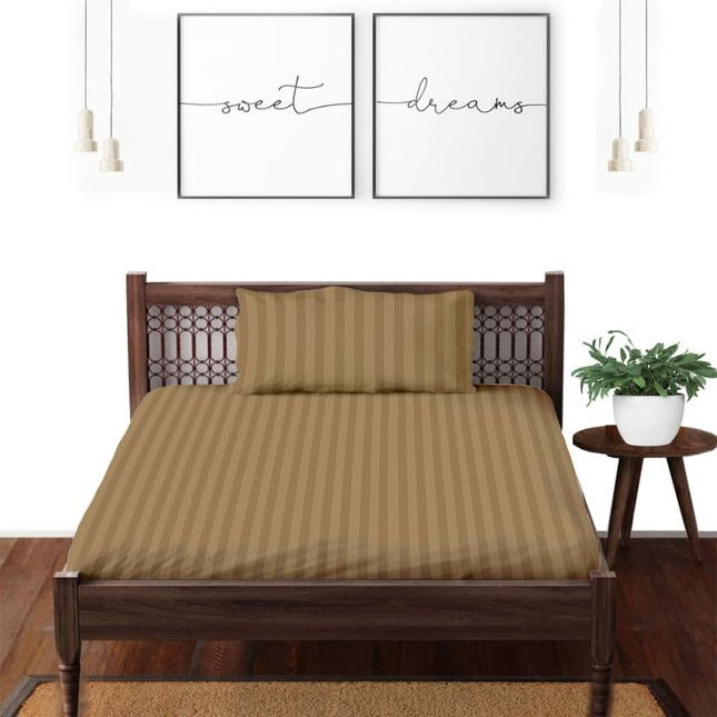 Satin striped pure cotton single bedsheet in khaki