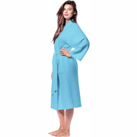 Pure Cotton Unisex Waffle Bath Robe - Turquoise Blue