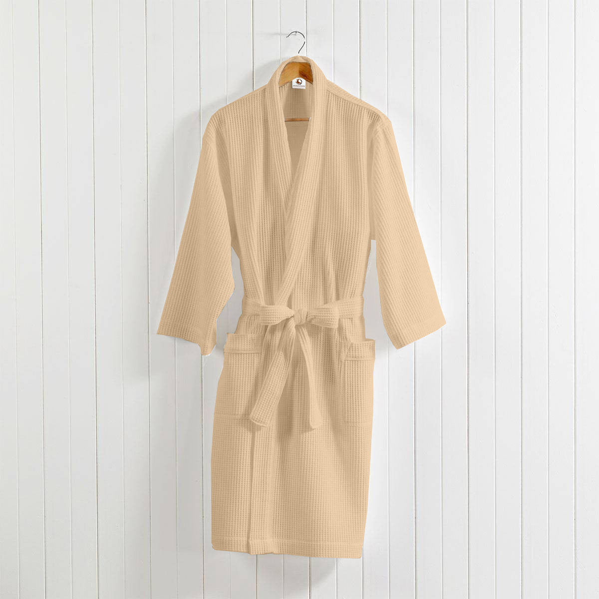 Beige cotton waffle bathrobe worn indoors – view 5