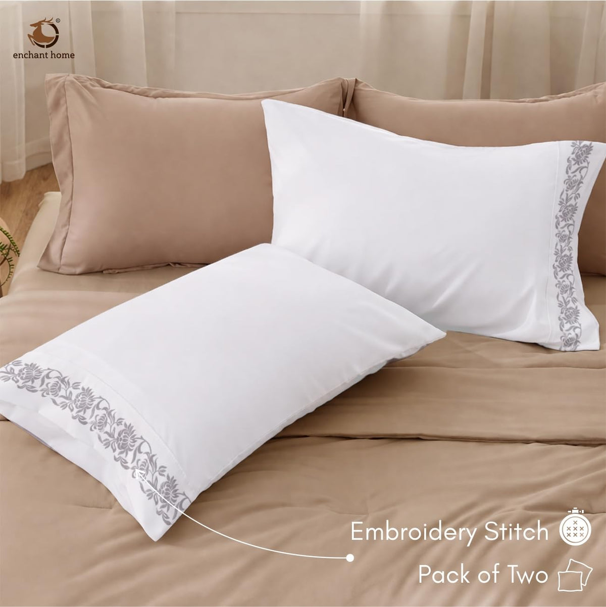 Pure Cotton 500 TC Embroidered Bag Type Pillow Cover Set - Silver Blossom