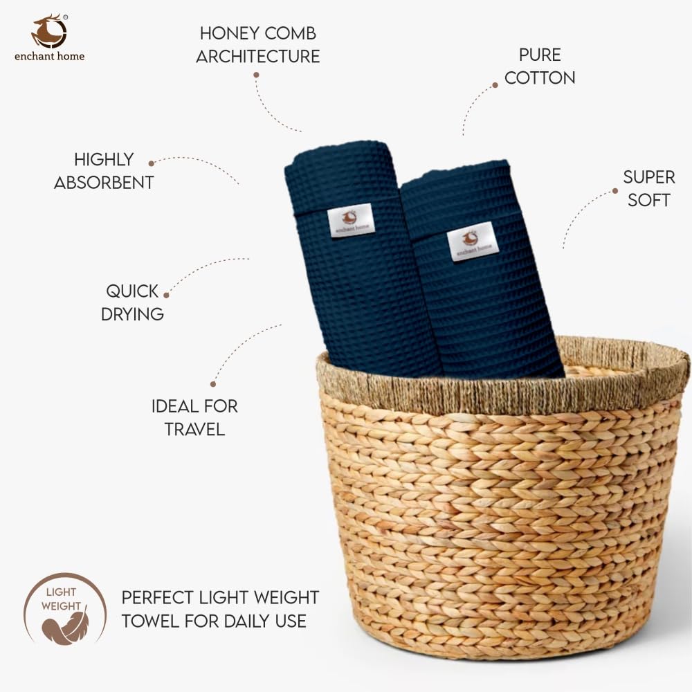 Pure Cotton Waffle Bath Towel - Navy Blue