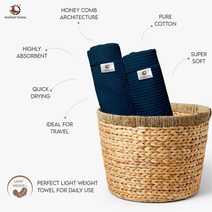 Pure Cotton Waffle Bath Towel - Navy Blue