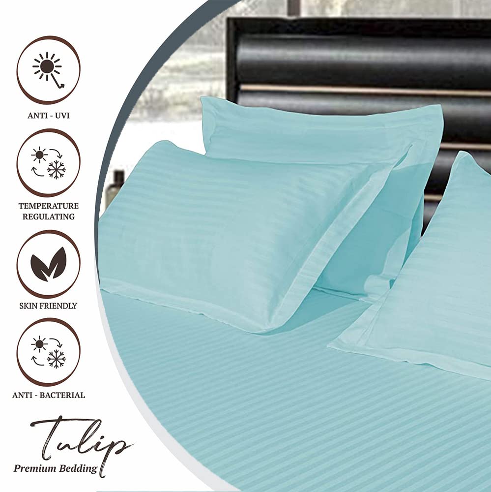 Pure Cotton Pillow Covers with Satin Stripe - Aqua