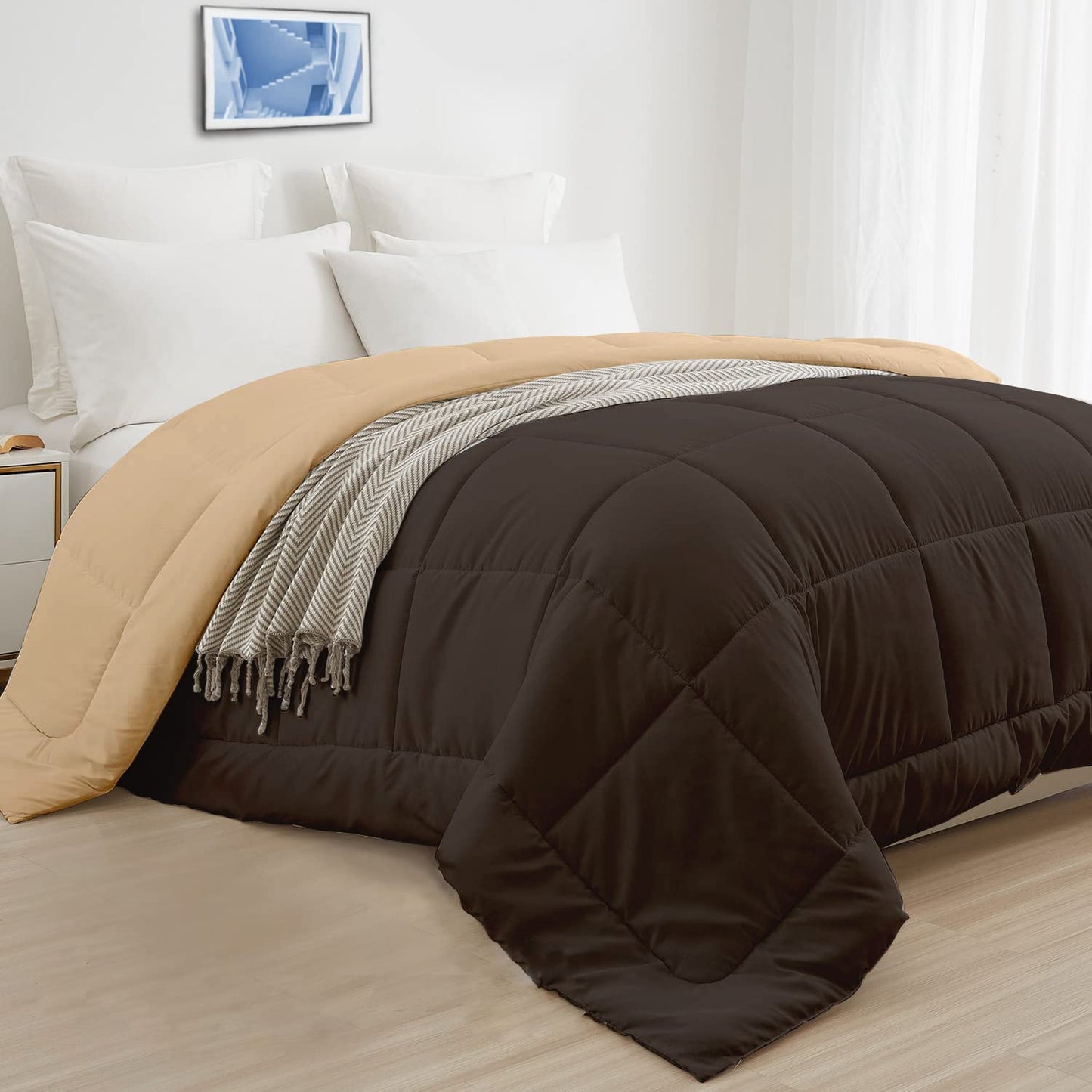Beige and coffee microfiber AC comforter folded view