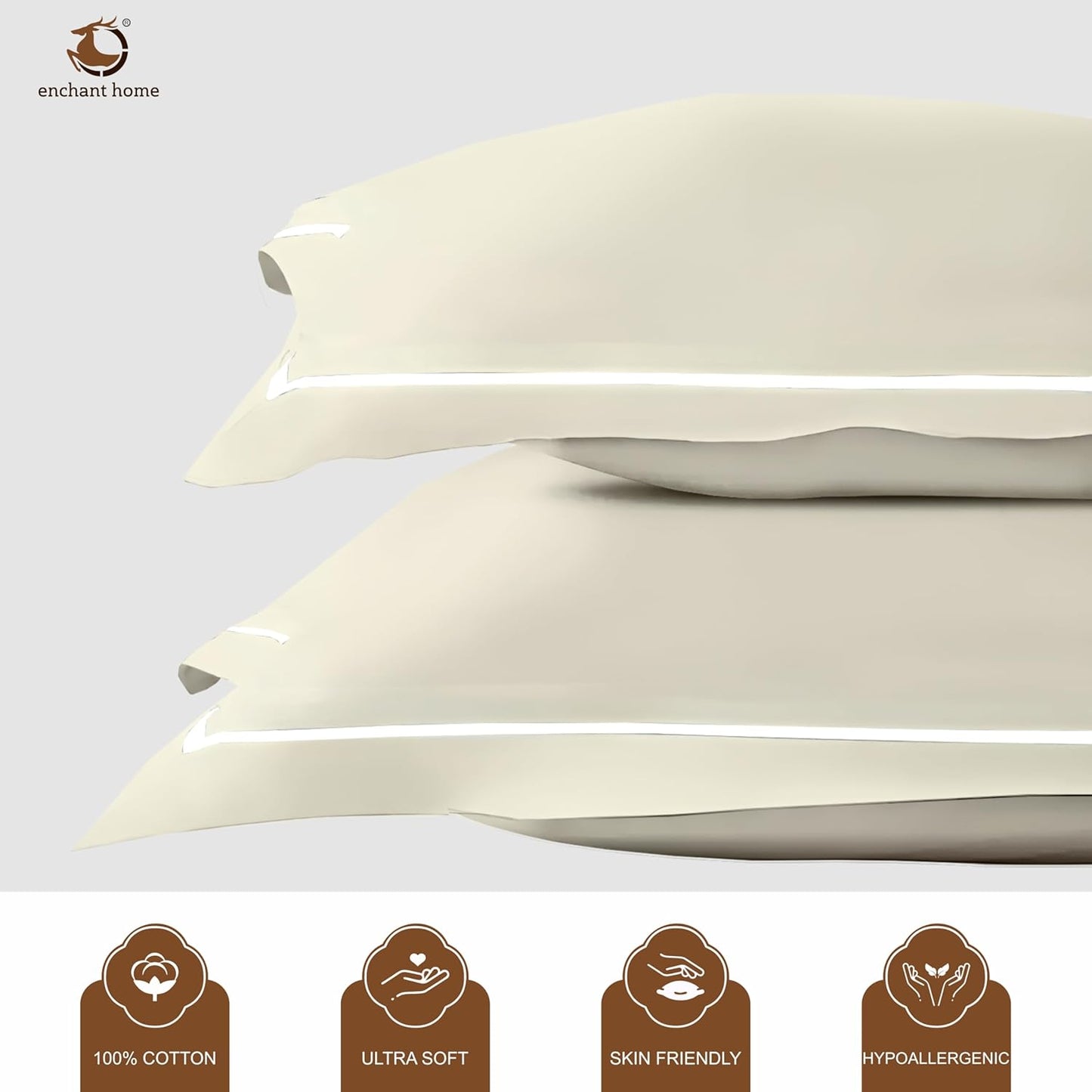 Pure Cotton 300 TC Solid Pillow Cover Set - Ivory