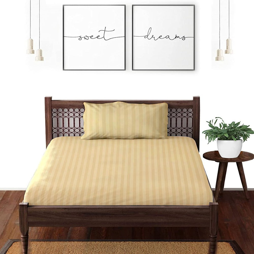 Satin striped pure cotton single bedsheet in light yellow