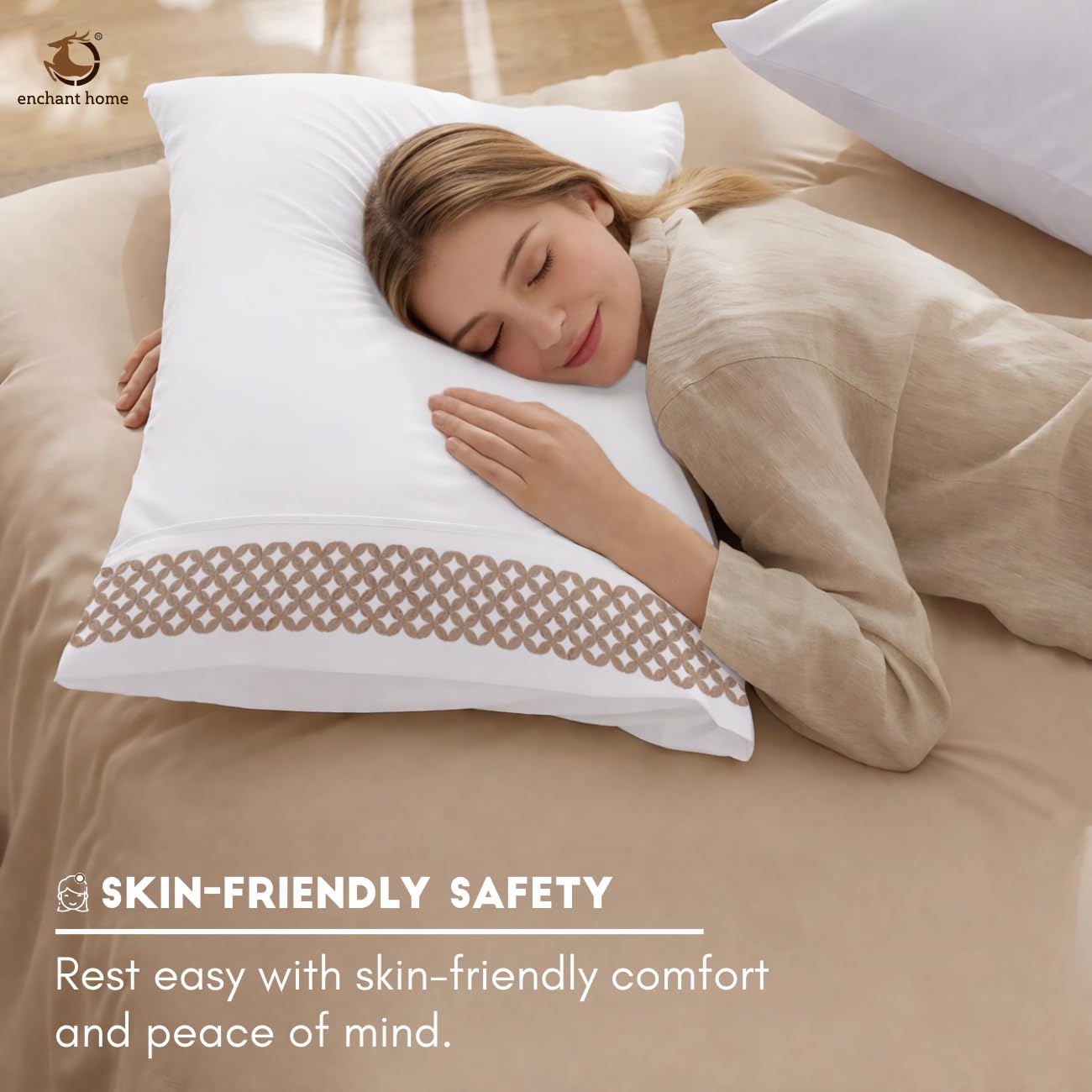 Pure Cotton 500 TC Embroidered Bag Type Pillow Cover Set - Beige Lattice