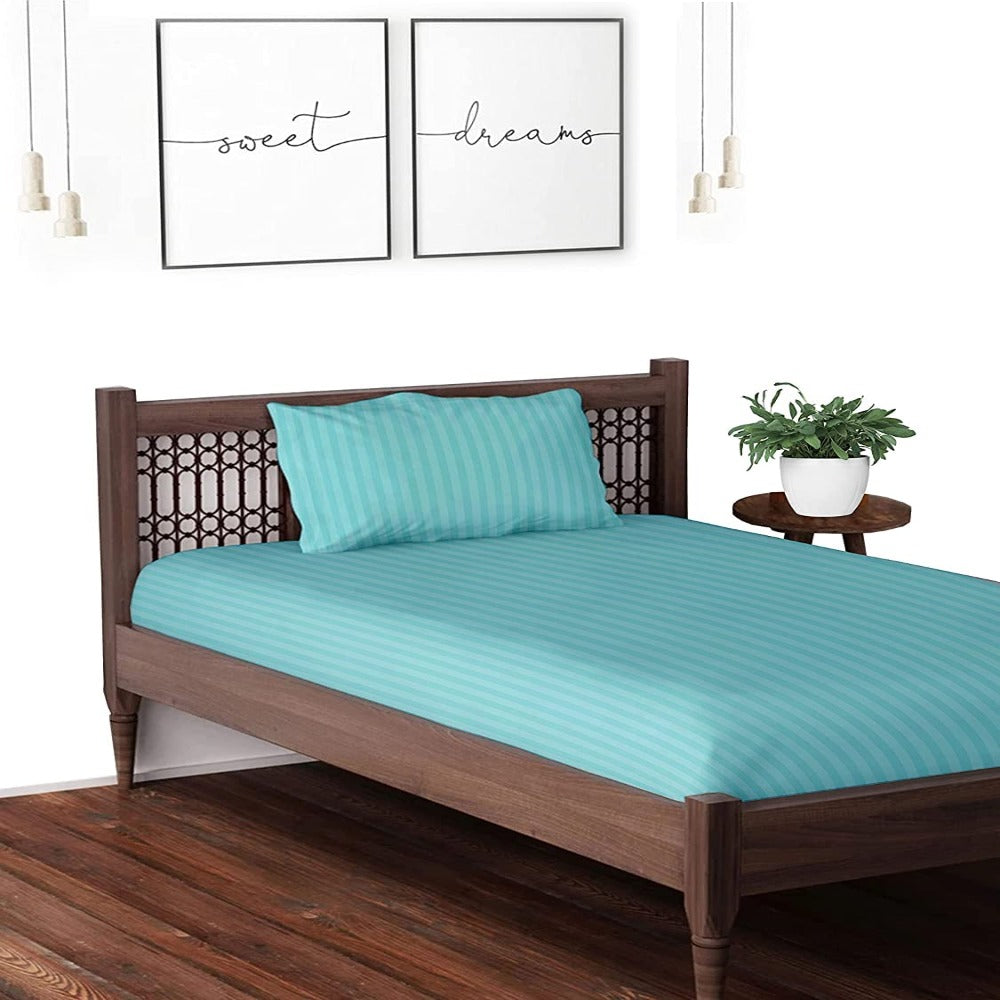 Aqua satin stripe cotton bedsheet with pillow covers – view 2
