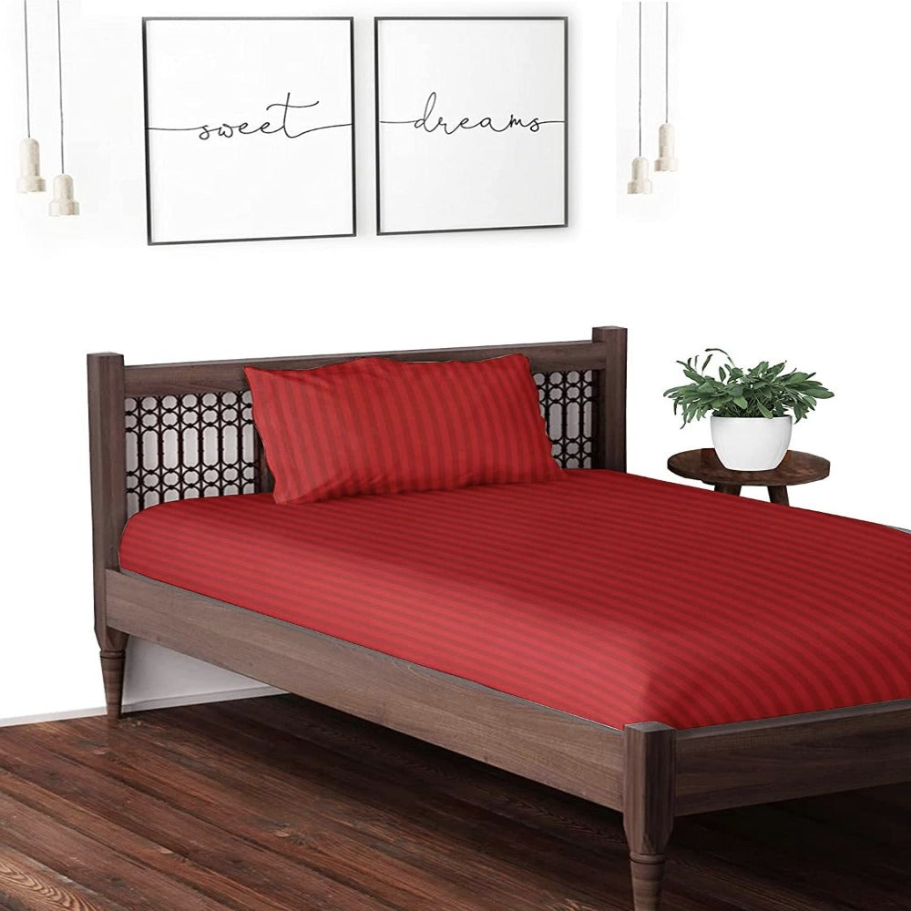 Maroon satin stripe cotton bedsheet with pillow covers – view 2