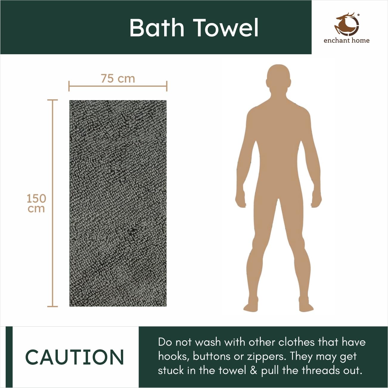 Pure Cotton Terry Bath Towel (29" x 59", Dark Green)