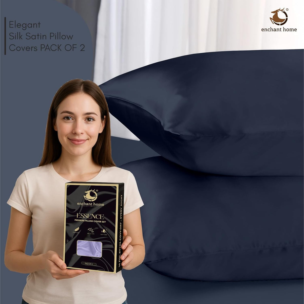 300 TC Art Silk Satin Pillow Cover Set - Navy Blue