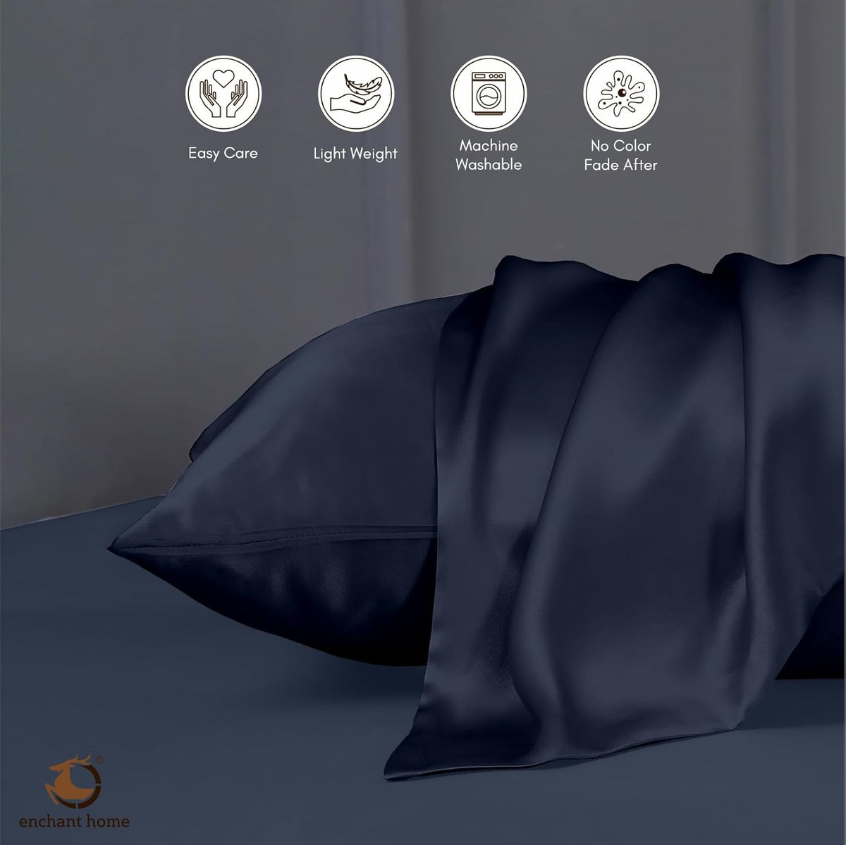 300 TC Art Silk Satin Pillow Cover Set - Navy Blue