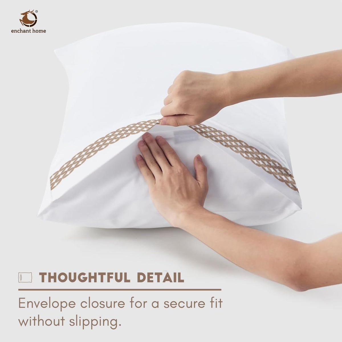 Pure Cotton 500 TC Embroidered Bag Type Pillow Cover Set - Beige Lattice