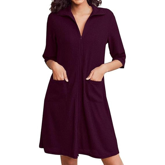 Pure Cotton Waffle Knit Zipper Bathrobes for Women - Wine
