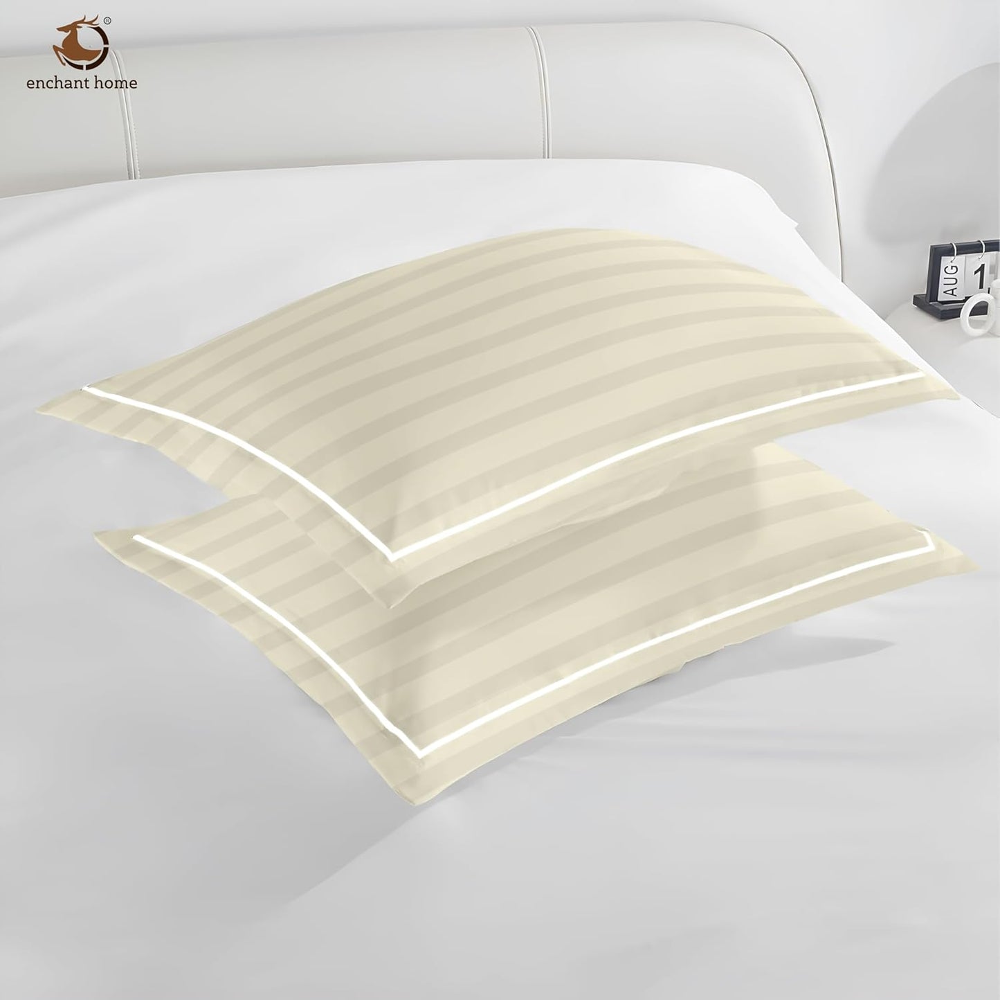Pure Cotton 300 TC Striped Pillow Cover Set - Ivory