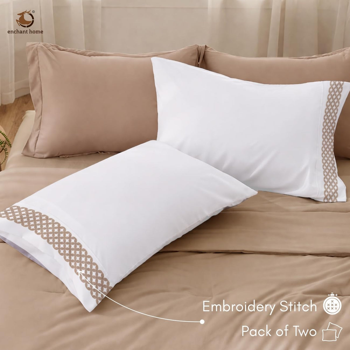 Pure Cotton 500 TC Embroidered Bag Type Pillow Cover Set - Beige Lattice