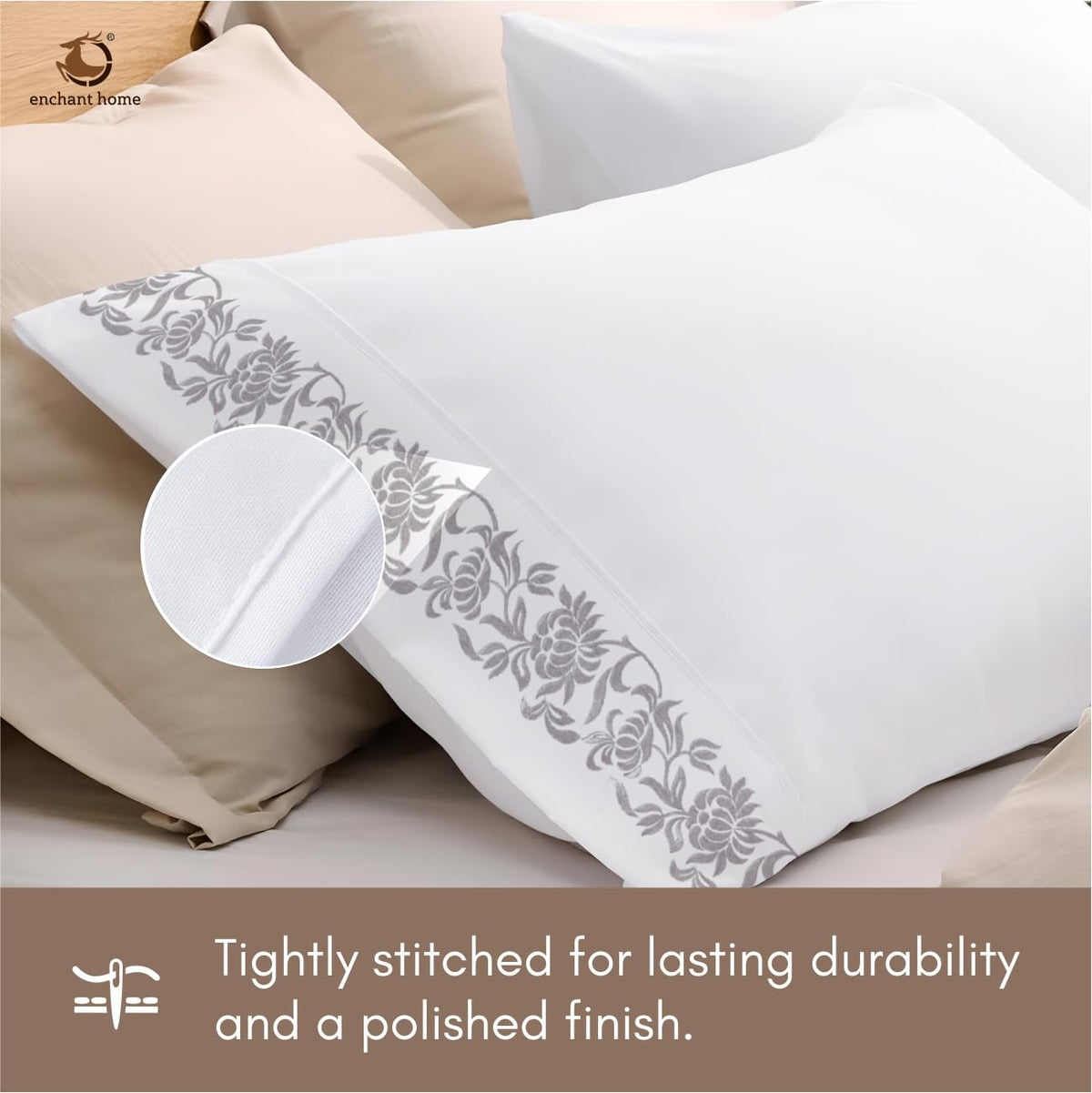 Pure Cotton 500 TC Embroidered Bag Type Pillow Cover Set - Silver Blossom