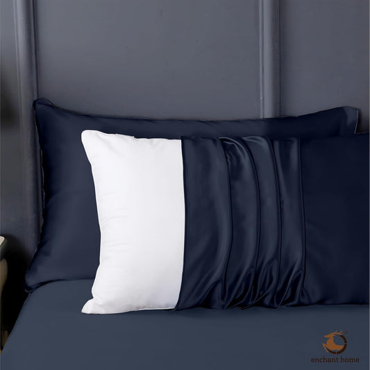 300 TC Art Silk Satin Pillow Cover Set - Navy Blue