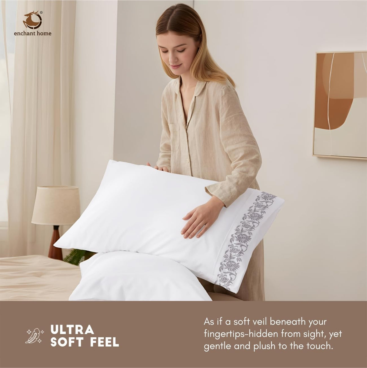 Pure Cotton 500 TC Embroidered Bag Type Pillow Cover Set - Silver Blossom