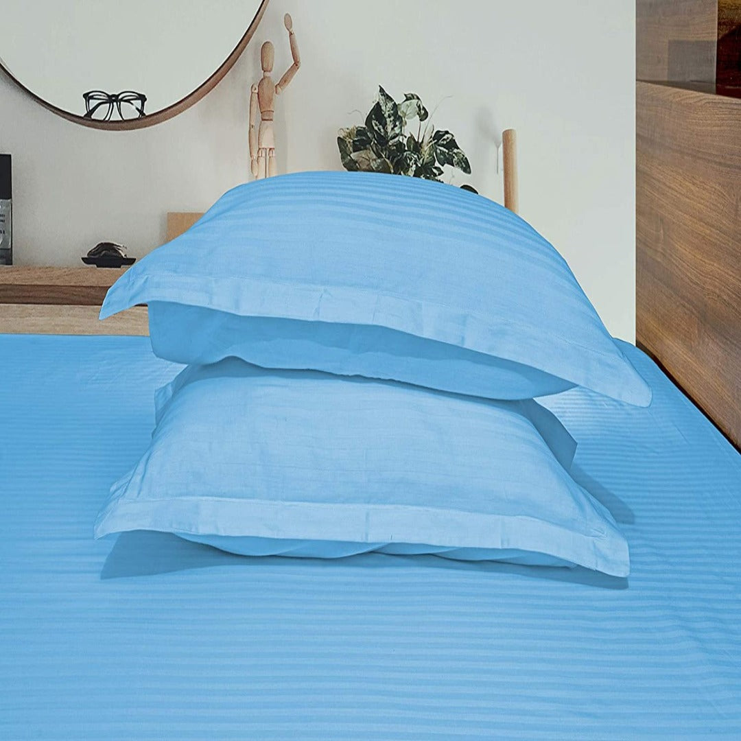 Pure Cotton Satin Stripe King Bedsheet - Sky Blue