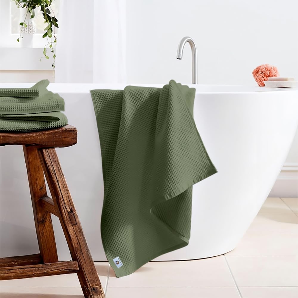 Pure Cotton Waffle Bath Towel - Sage Green