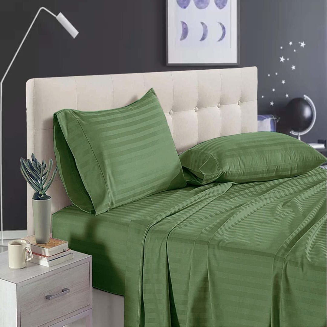 Pure Cotton Satin Stripe King Bedsheet - Olive Green