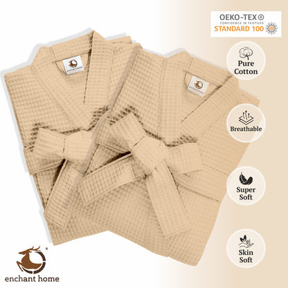 Beige cotton waffle bathrobe folded view
