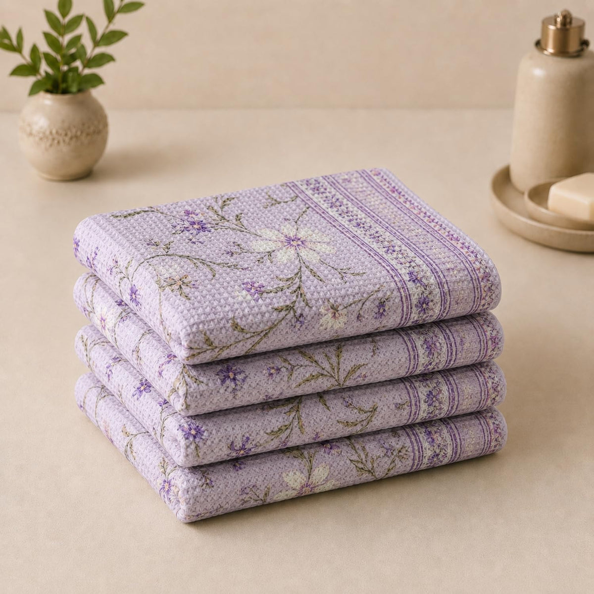 Pure Cotton Printed Waffle Hand Towel - Lilac Bloom