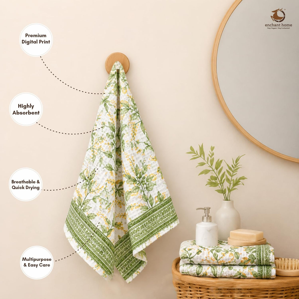 Pure Cotton Printed Waffle Hand Towel - Sage Botanical