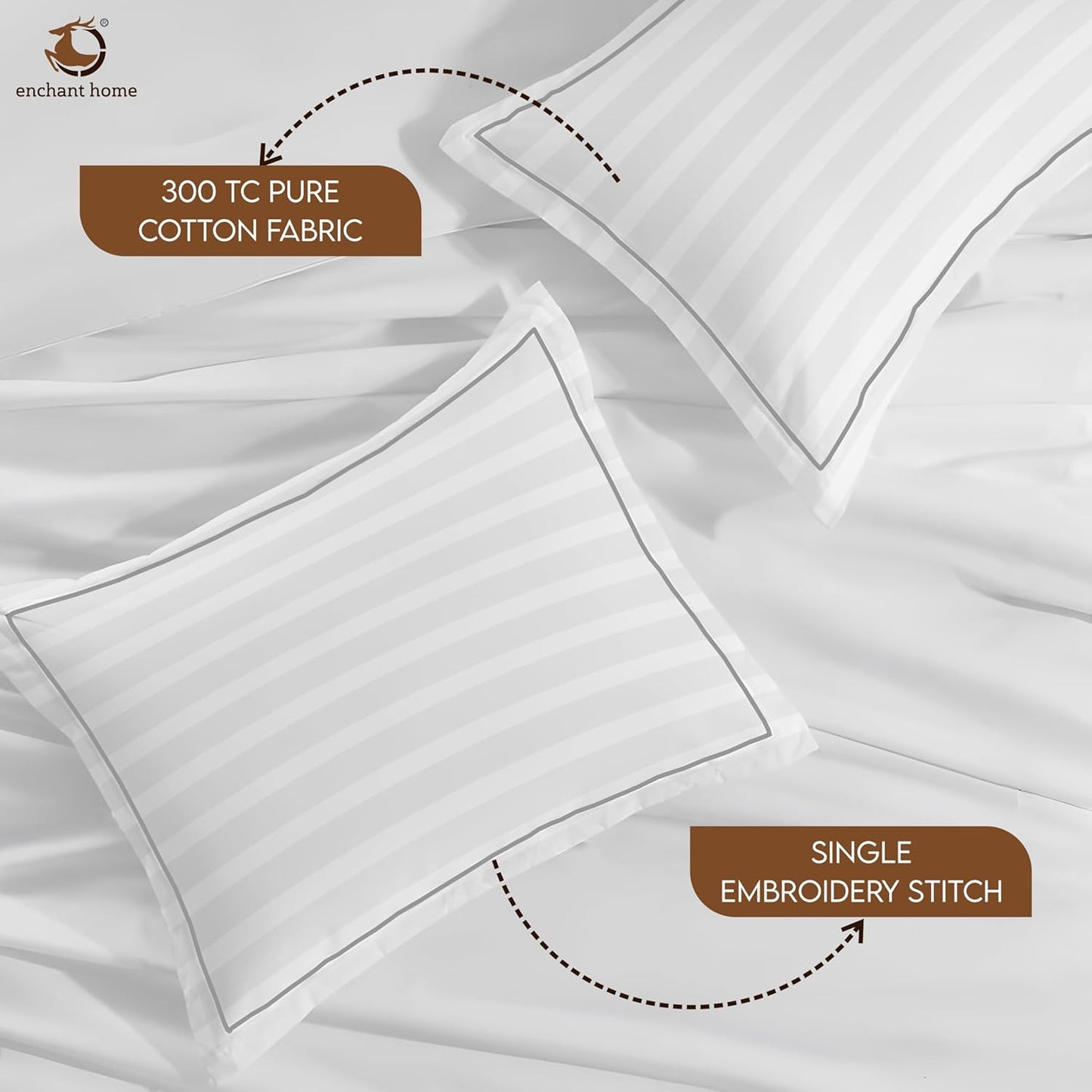 Pure Cotton 300 TC Striped Pillow Cover Set - White