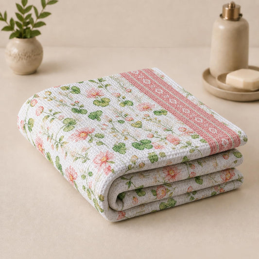 Pure Cotton Printed Waffle Bath Towel - Lotus Serene