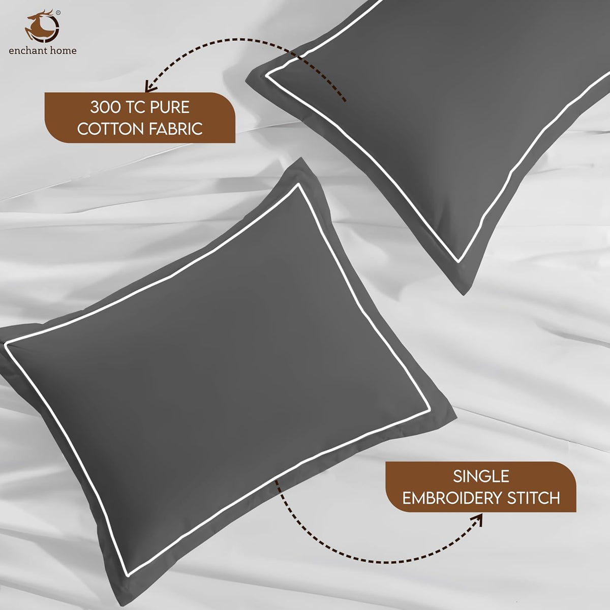Pure Cotton 300 TC Solid Pillow Cover Set - Dark Grey