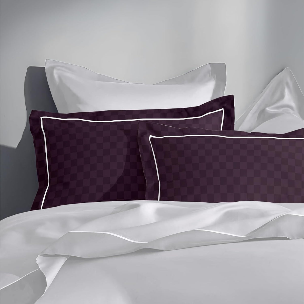 Pure Cotton 300 TC Checkered Pillow Cover Set - Wine