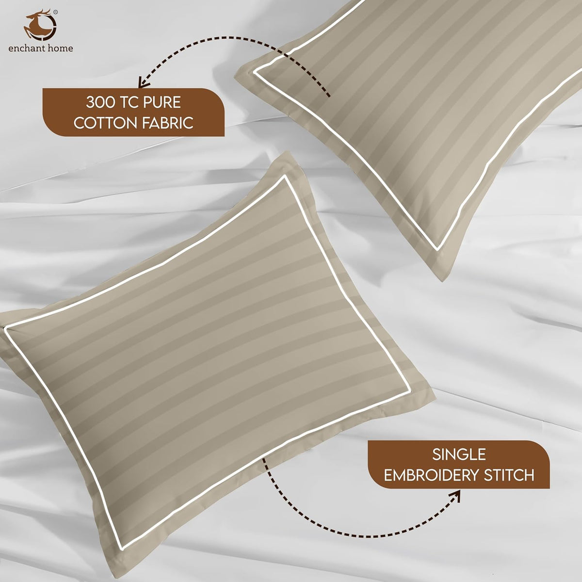 Pure Cotton 300 TC Striped Pillow Cover Set - Pearl