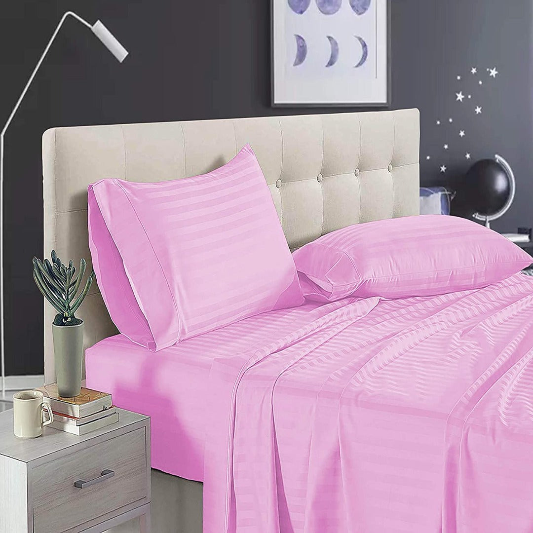 Pure Cotton Satin Stripe King Bedsheet - Pink