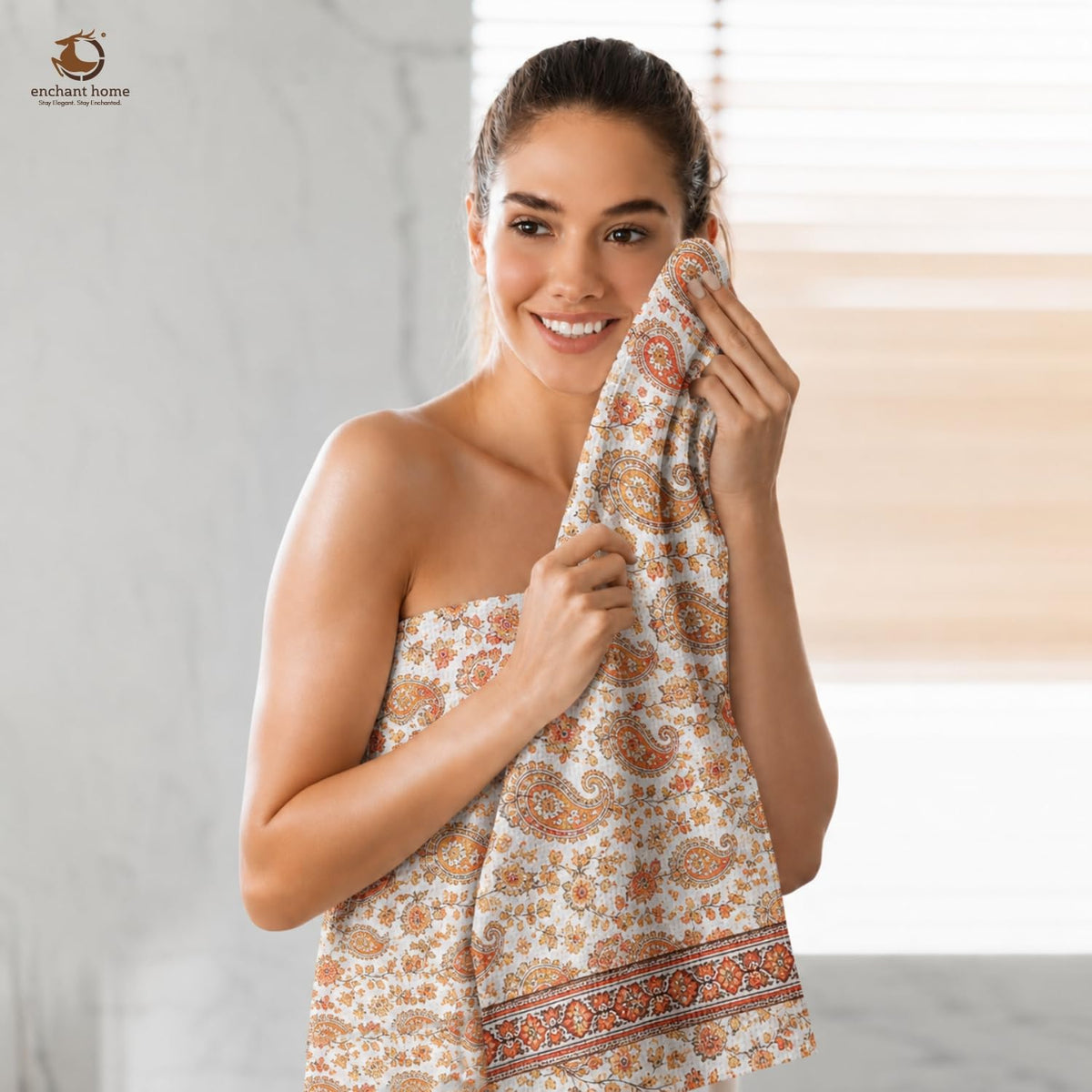 Pure Cotton Printed Waffle Bath Towel - Paisley Charm
