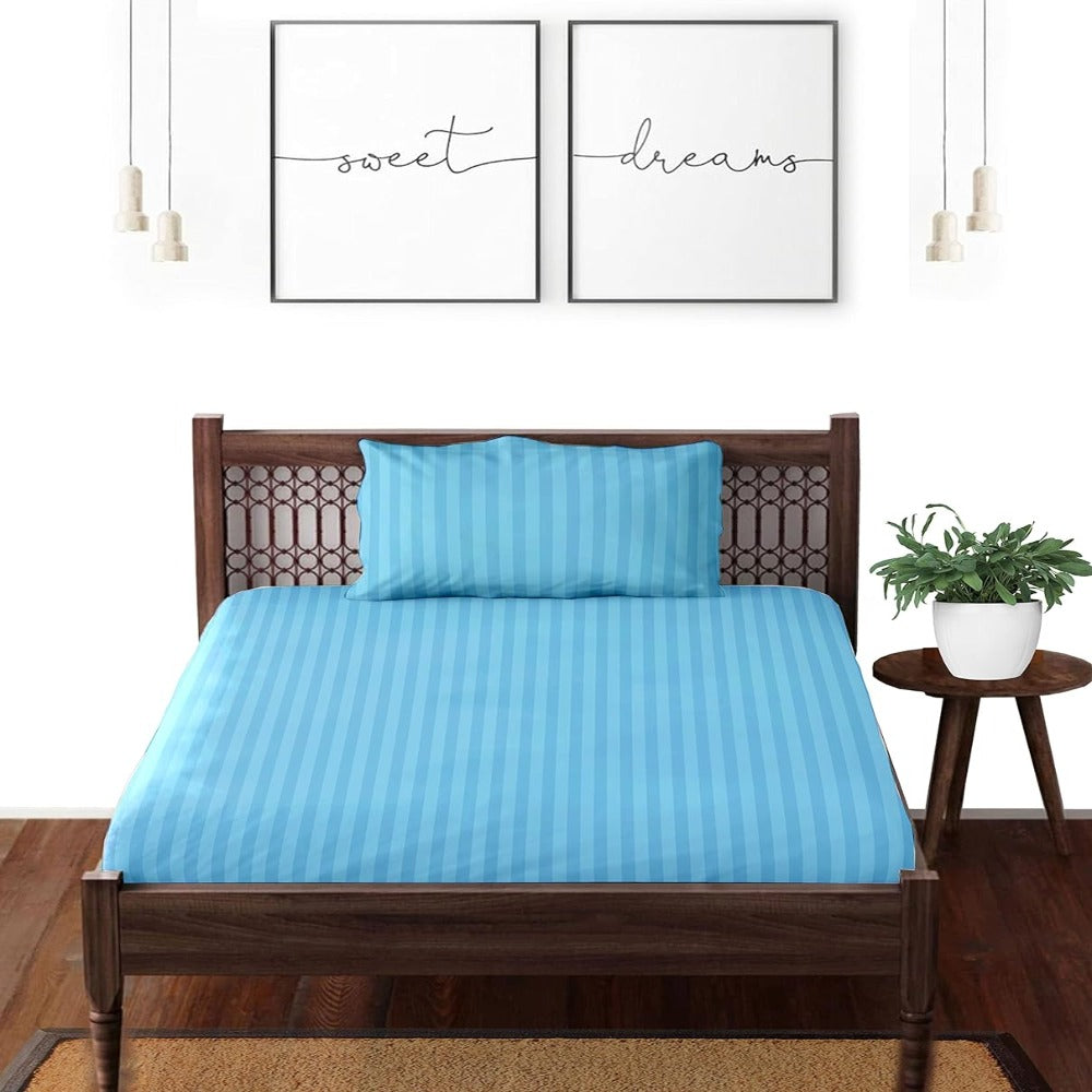 Satin striped pure cotton single bedsheet in sky blue