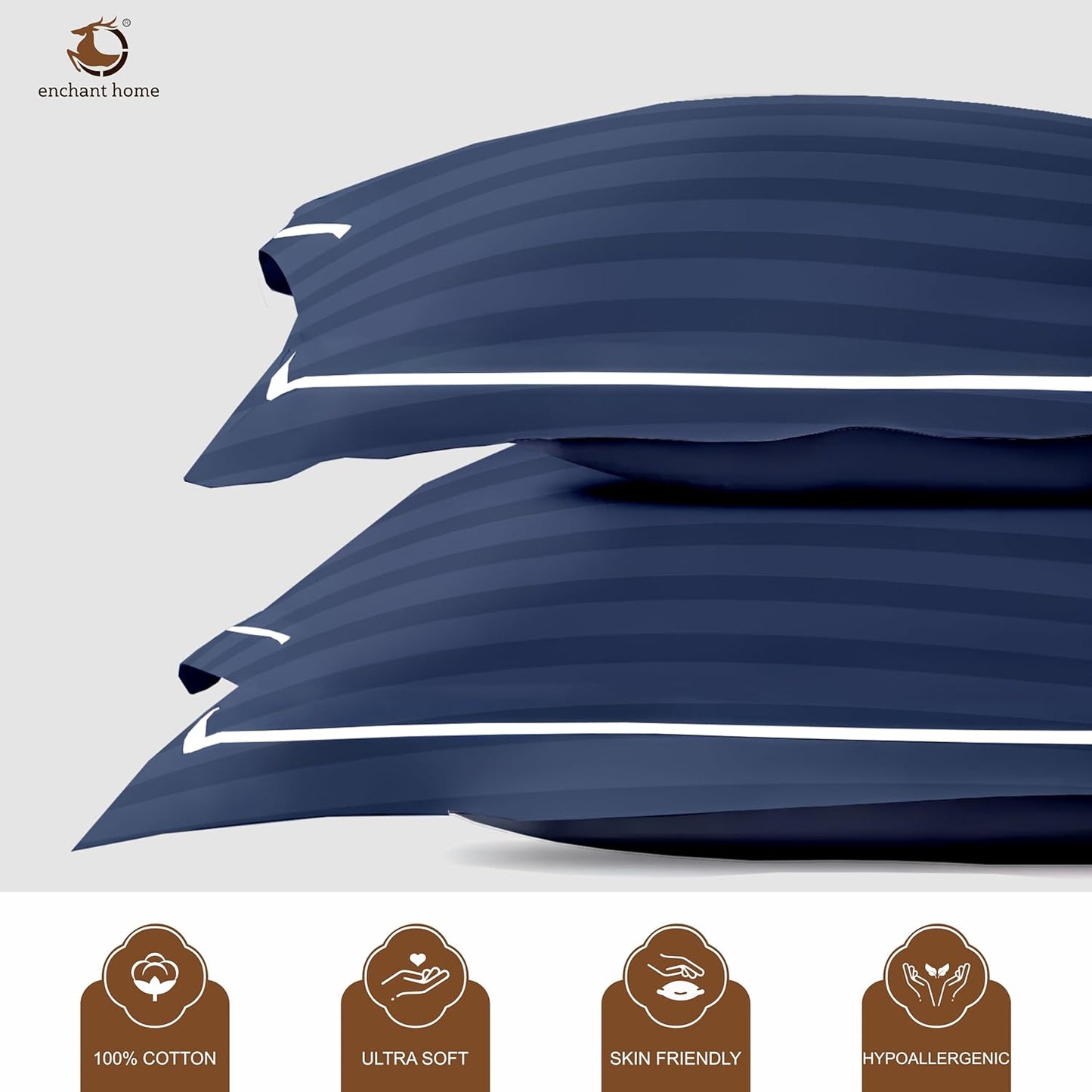 Pure Cotton 300 TC Striped Pillow Cover Set - Navy Blue
