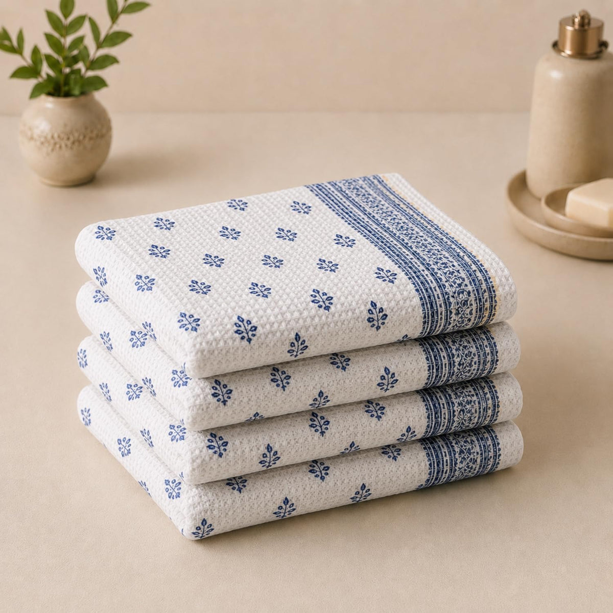Pure Cotton Printed Waffle Hand Towel - Indigo Buti