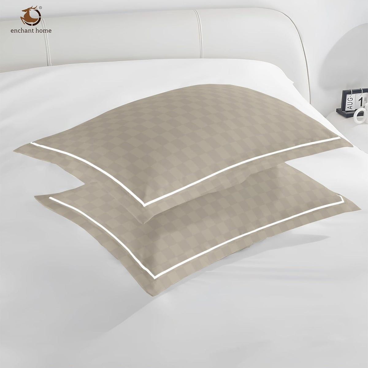 Pure Cotton 300 TC Checkered Pillow Cover Set - Beige