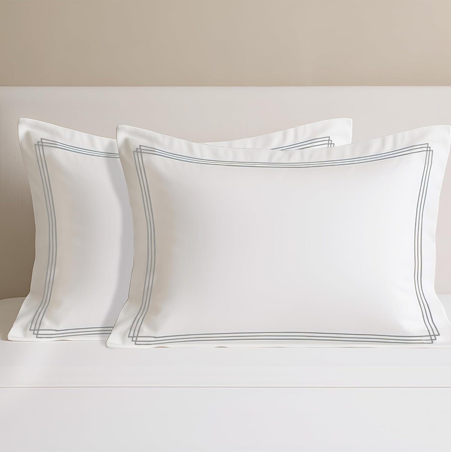 Pure cotton 500 TC premium pillow cover set in white with triple silver stripes