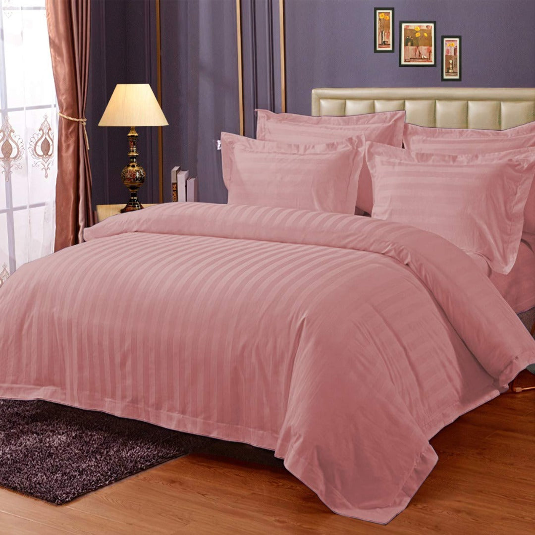 Pure cotton satin stripe king size bedsheet in light sandstone on bed
