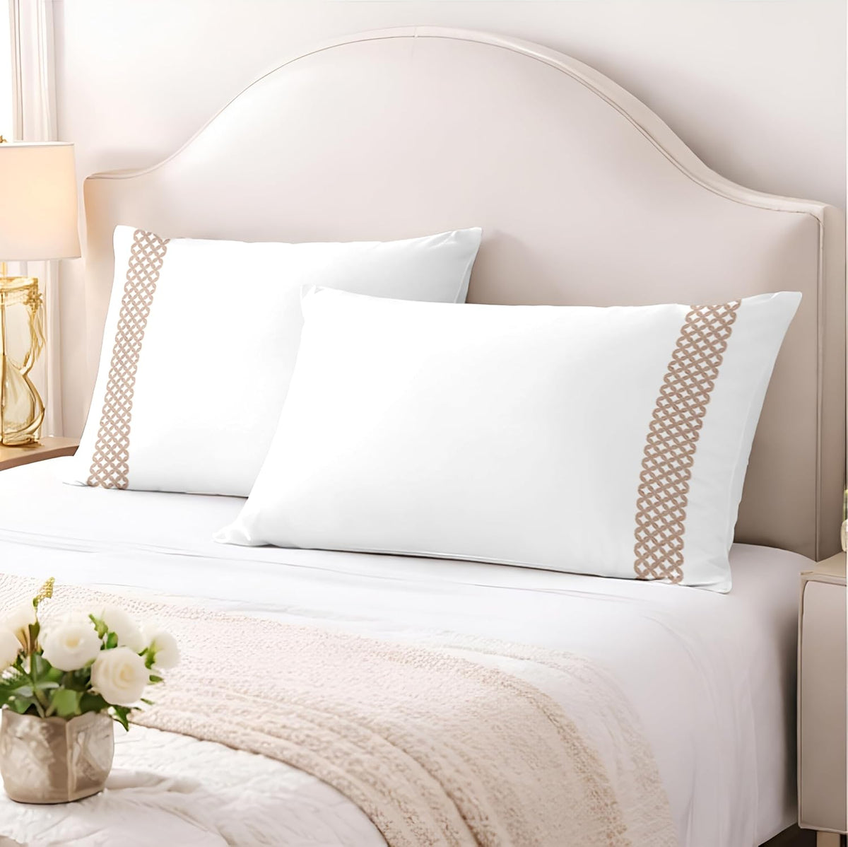 Pure cotton 500 TC embroidered bag type pillow cover set in beige lattice