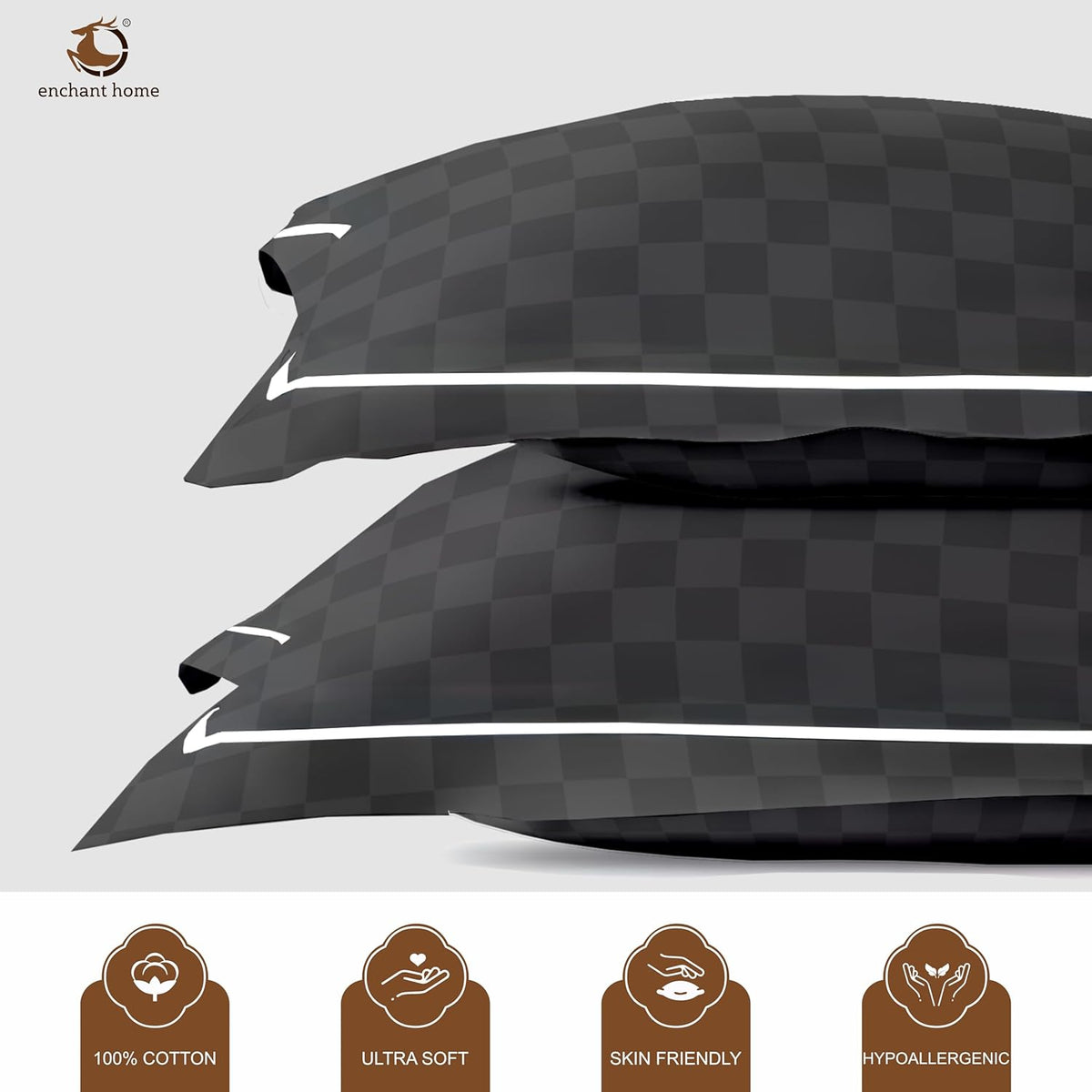 Pure Cotton 300 TC Checkered Pillow Cover Set - Dark Grey