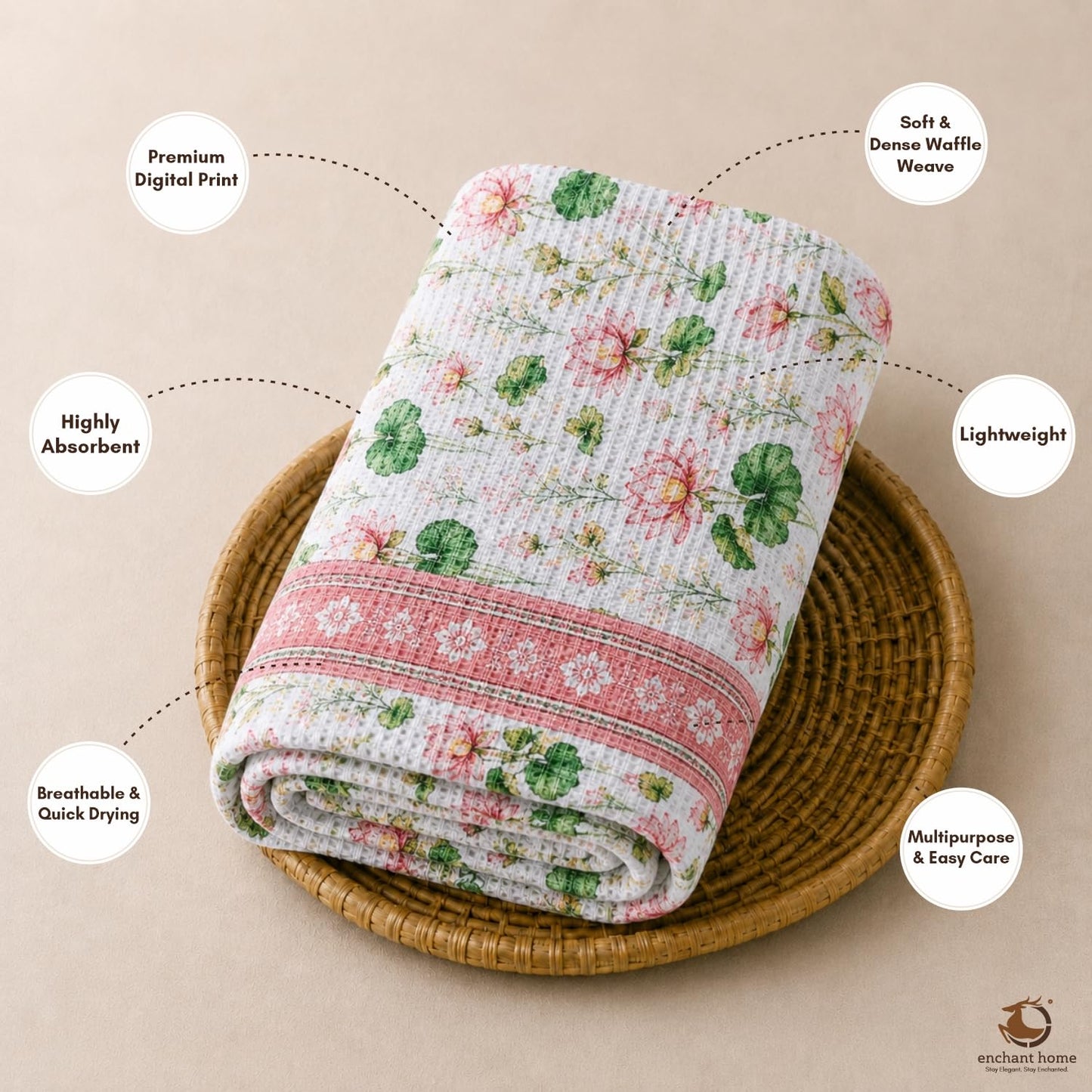 Pure Cotton Printed Waffle Bath Towel - Lotus Serene