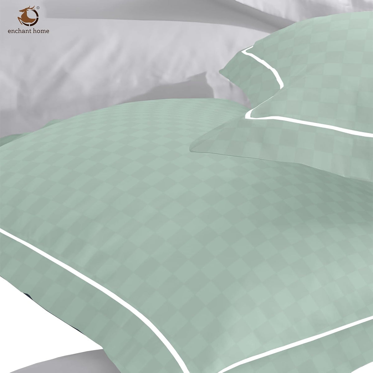 Pure Cotton 300 TC Checkered Pillow Cover Set - Olive